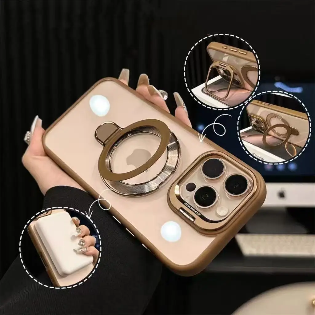 Luxe Ring Magnetische Glazen Lens Stand Telefoon Case voor iPhone 16 11 13 14 12 15 Pro Max 16 plus Funda Magsafe Clear Bescherm Cover