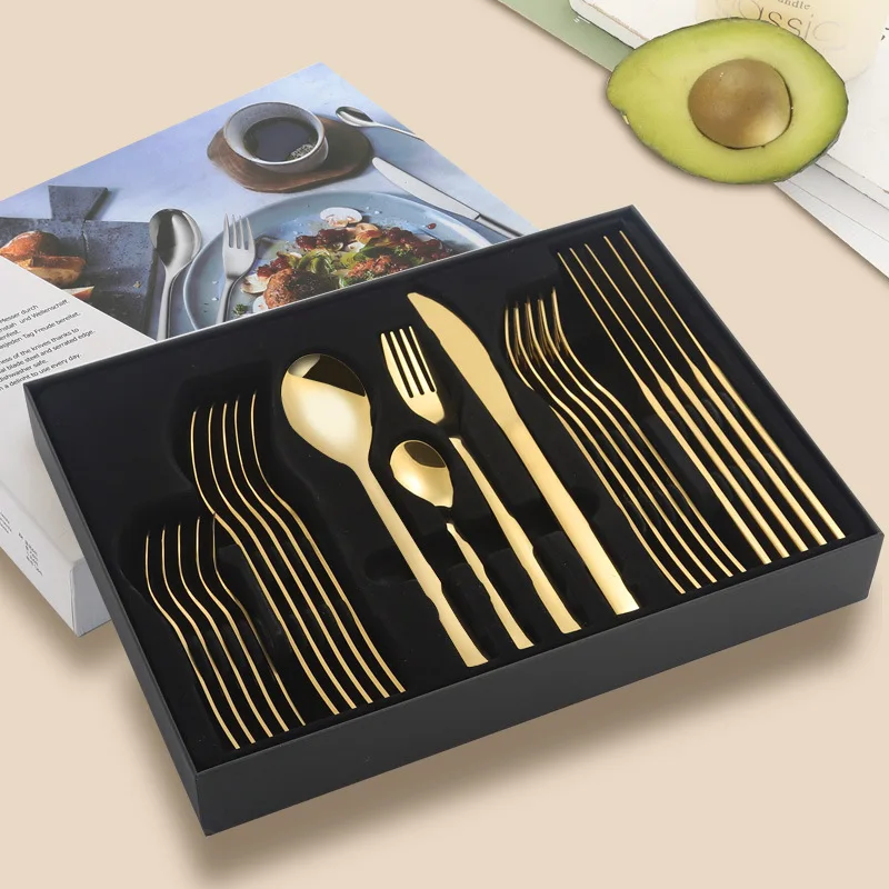 Silver Gold Rose Gold 24Pcs Titanium Plated Stainless Steel Cutlery Set Square Handle Steak Knife Fork Spoon Gift Box