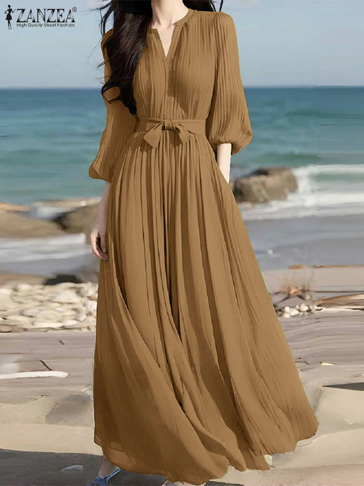 Elegante Maxi Vestito ZANZEA 2025 Donne di Estate 3/4 Manica Solido Pieghettato Con Scollo A V Lungo Vestito Estivo Cintura Casual Allentato Del Partito Abiti Robe