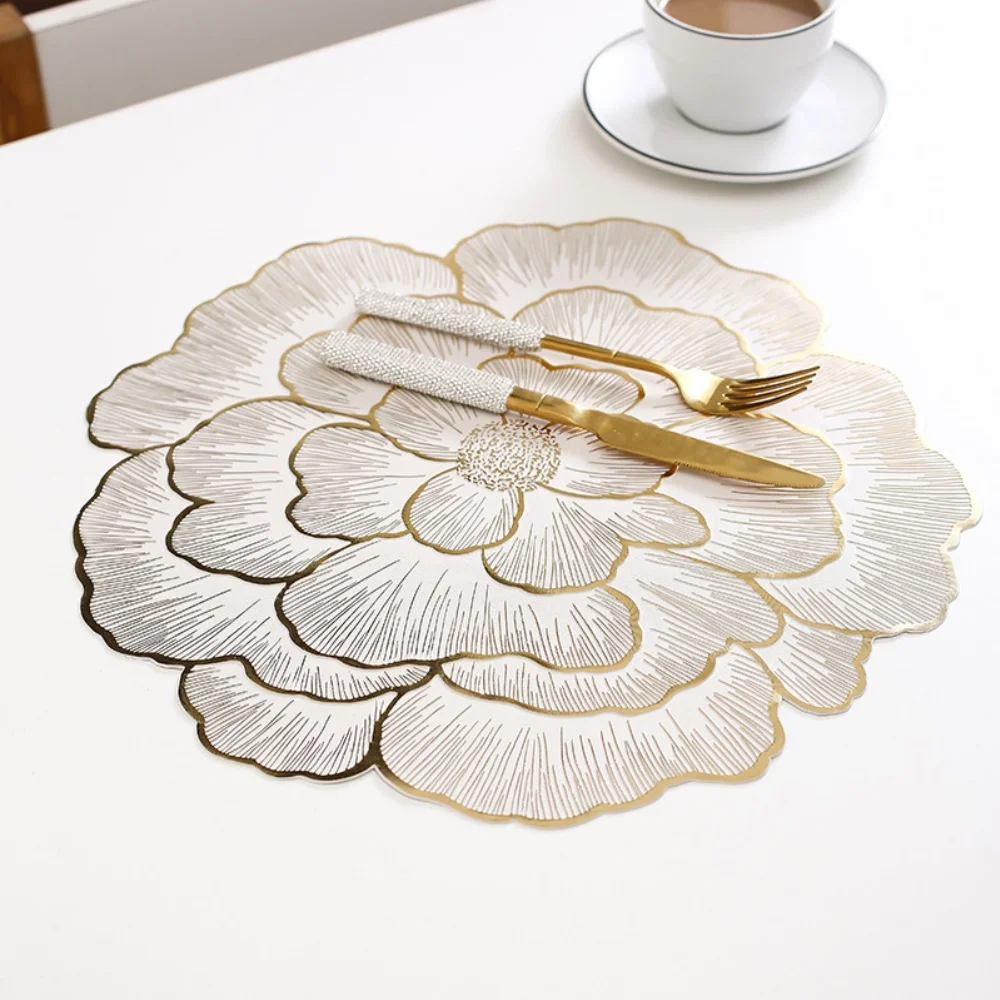 1pc Creative Peony Nordic Style Decorative Gold-stamped Home Coaster PVC Table Mat Heat Insulation Non-slip Waterproof Anti-scal