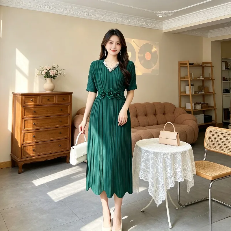 Miyake Pleated 2026 Original New Beaded Rose Decorated Fake Two-Piece Dress Waist-Cinching Commuter Pleated Mid-Length Skirt
