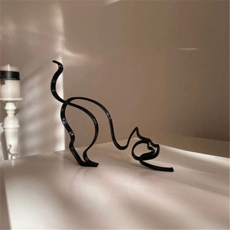 1 Stück Katze minimalist ische Kunst skulptur, schwarze Metall kreativs tatue für Wandraum dekor