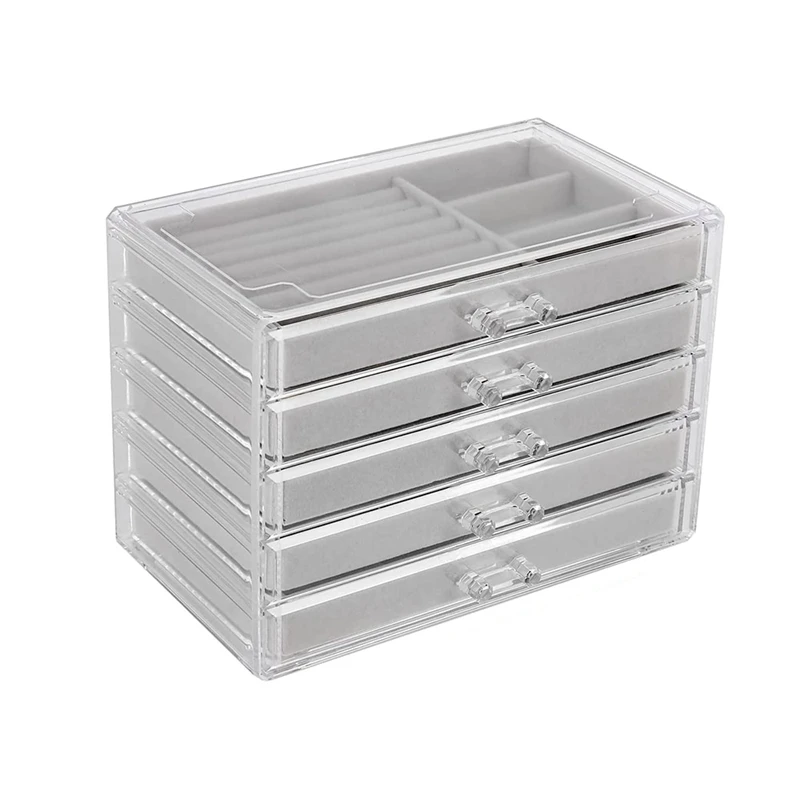 

Jewelry Organizer with 5 Drawers Clear Acrylic Jewelry Box Gift Stackable Velvet Earring Display Holder