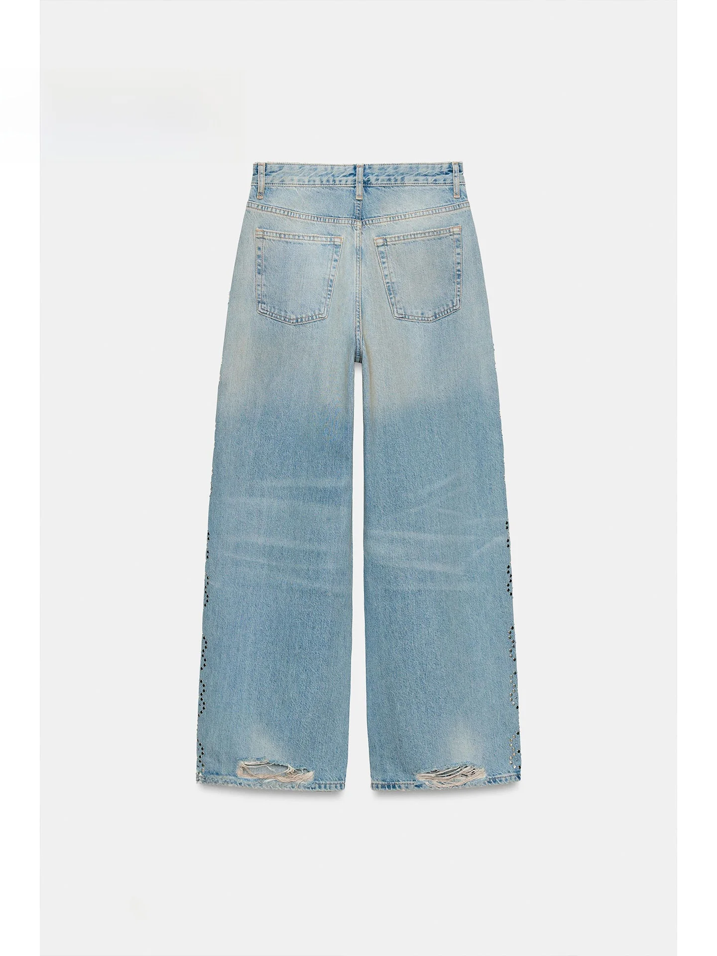 American Vintage Hole Side Chain Rhinestone Design  Loose Slimming Wide Leg Jeans Low Waist Non-Stretch Fabric