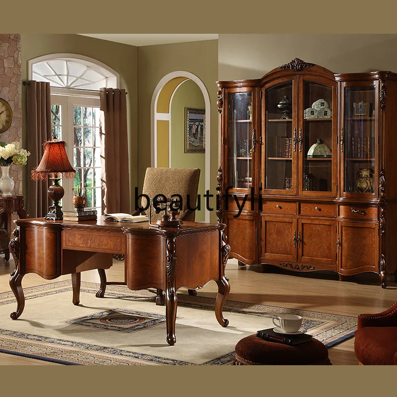 American Solid Wood Desk European retro Computer Office Desk Chair Home Calligraphy and Painting Desk Furniture