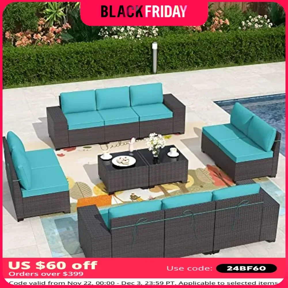 12 Pieces Outdoor Patio Furniture Set, PE Rattan Patio Conversation Set w/10 Turquoise Blue Seat Cushions and 2 Coffee Tables