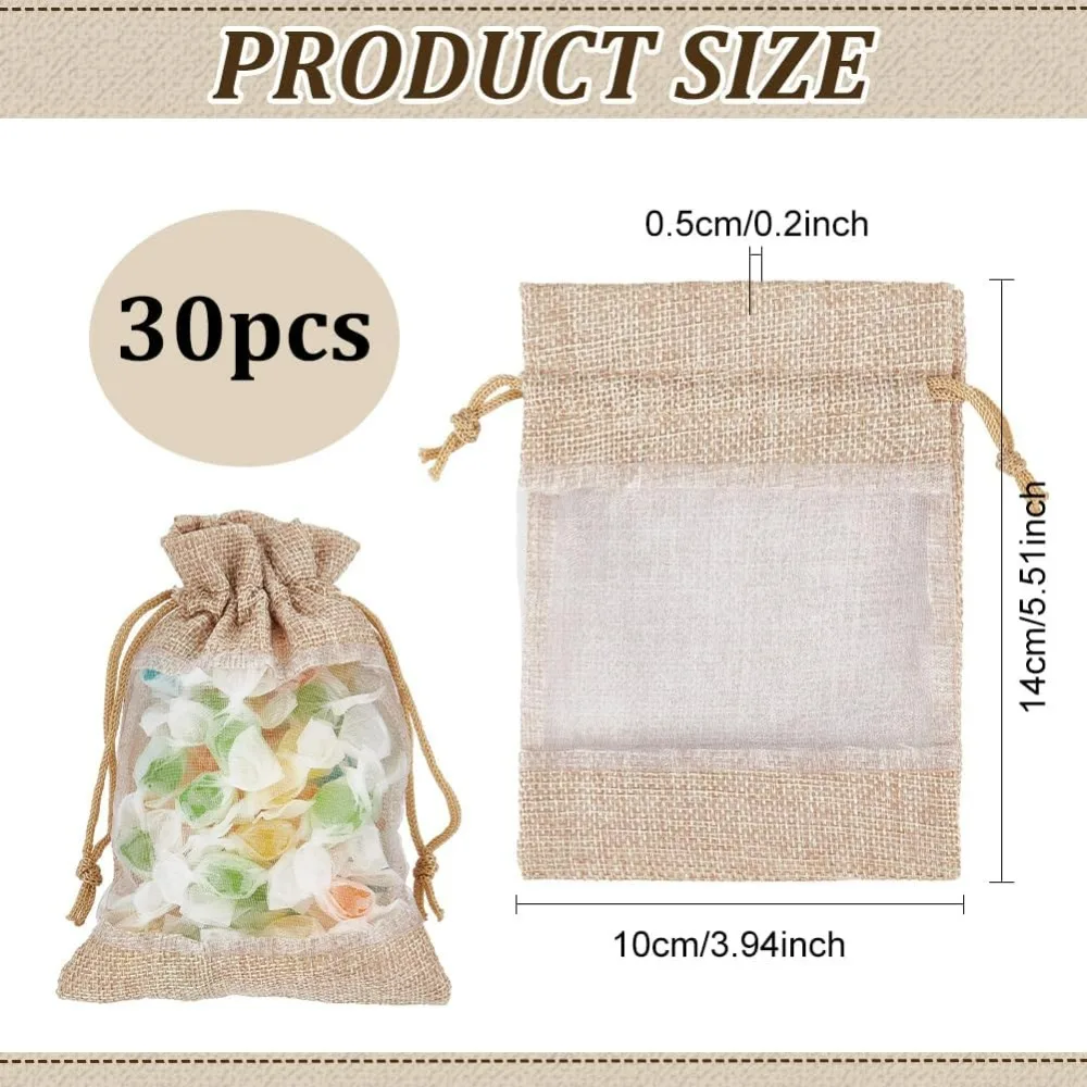 30Pcs Burlap Drawstring Bags, 5.5x3.9inch Rectangle Linen Drawstring Pouches with Organza Windows for Party Favors, DIY Craft