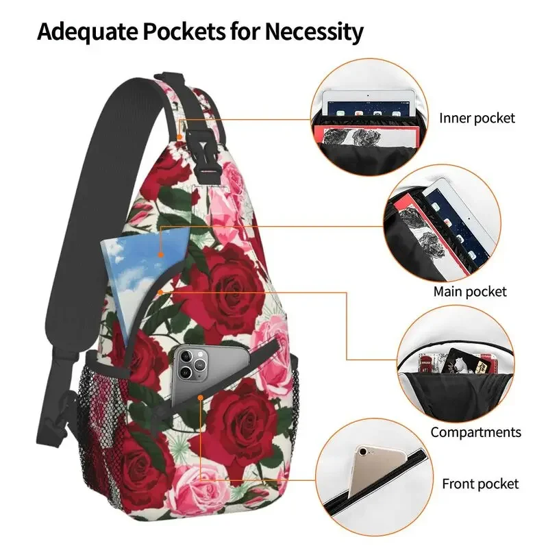 Mochila crossbody padrão floral para homens, Cool Shoulder Chest Bags, Sling rosa vermelho, apto para viagens, ciclismo