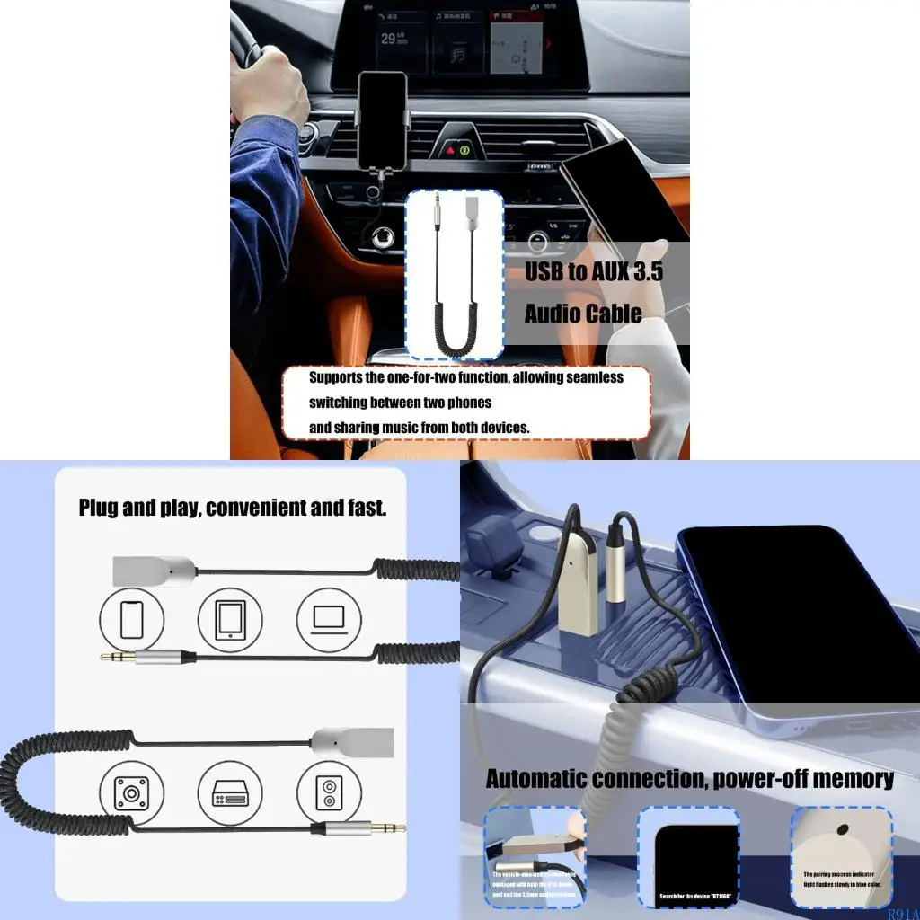 R91A USB sem fio a 3,5 mm Adaptadores carro Clear som Compatível com 5.4 Tecnologia e plugues Play Instalação para