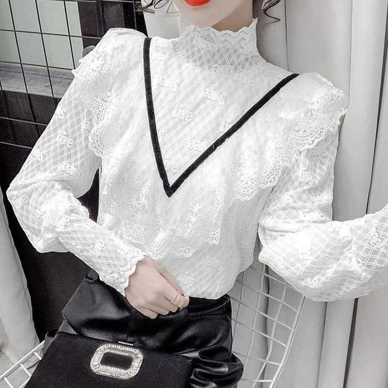 Fashion Gauze Lace Letter Ruffles Blouses Female Clothing 2023 Autumn Winter New Loose Elegant Pullovers Office Lady Shirts