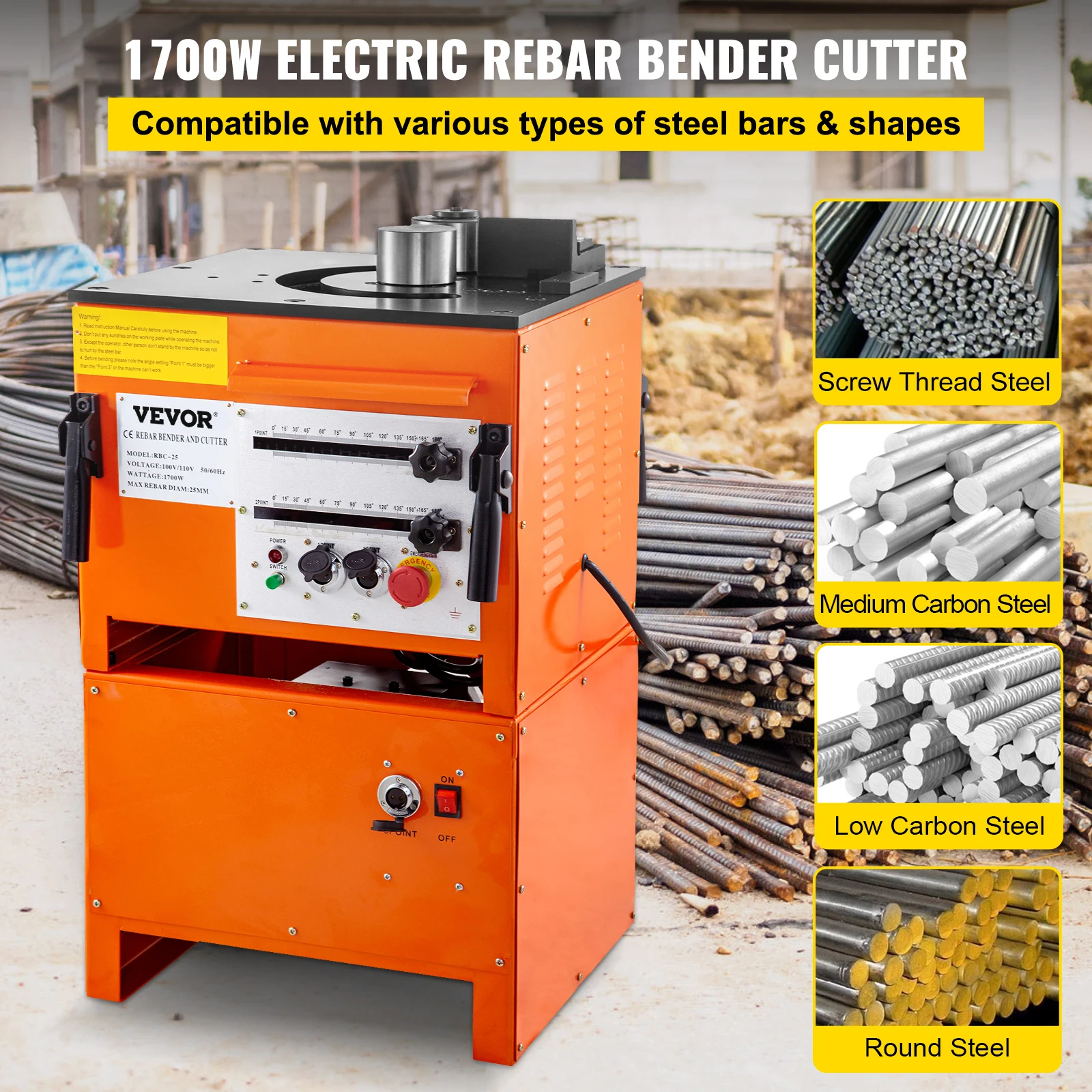 VEVOR Hydraulic Rebar Bender 1700W Electric Rebar Bender and Cutter, 1''/25 mm Max Rebar Diameter, For Bending Rebar, Steel Bar