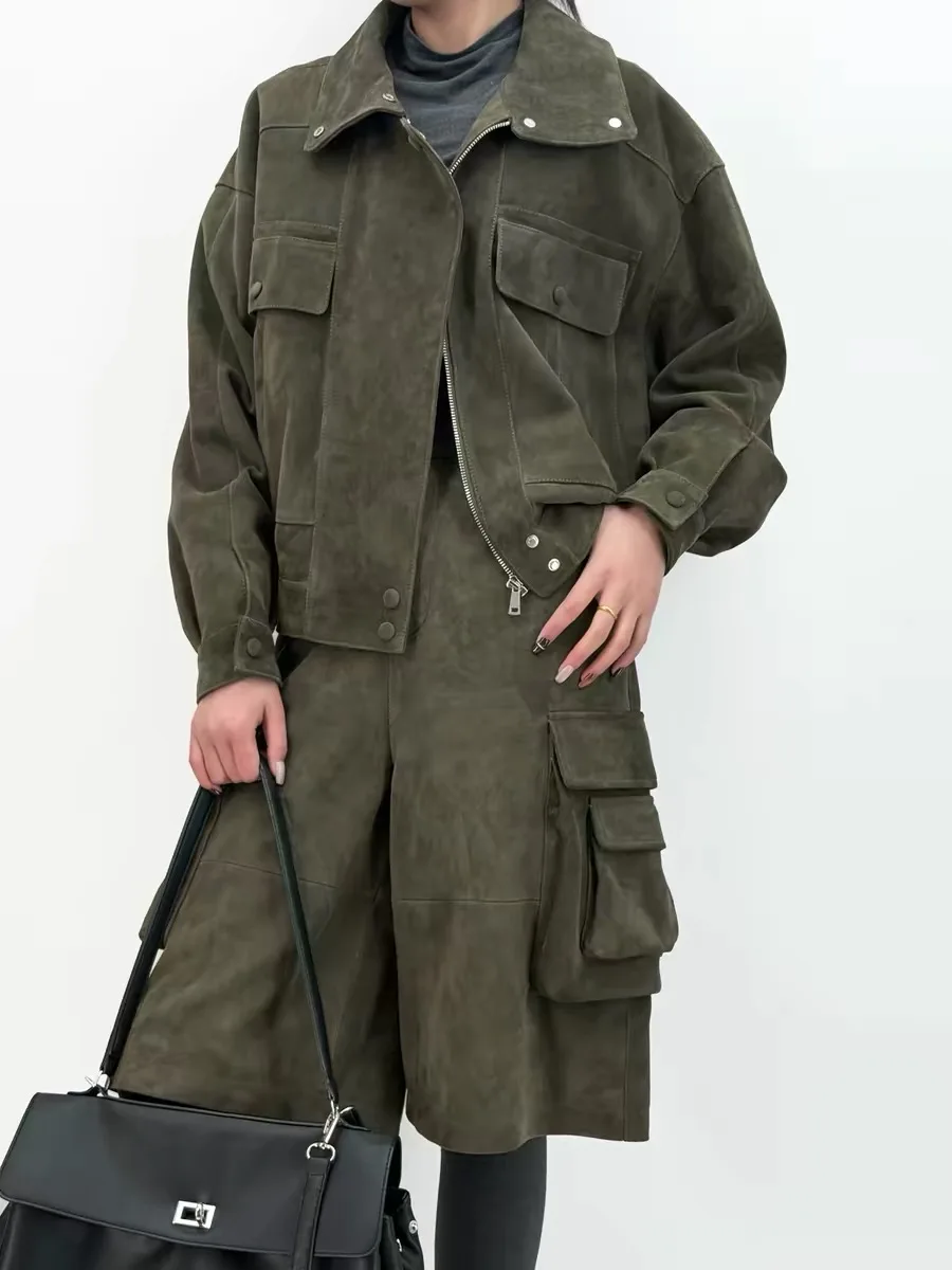 

Fashion Lightweight Suede Leather Jacket for Women Modern Genuine Sheepskin Stand Up Collar Short Silhouette Coat Spring Tops