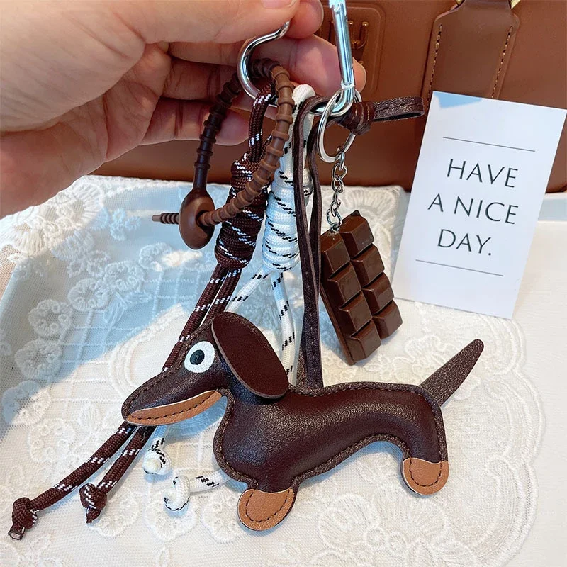 Vintage Dachshund Puppy Car Wiener Dog Keychain Bag Pendant Lanyard Chocolate Braided Rope Accessories Jewelry Trinket Key Ring