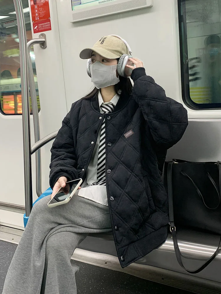 New Winter Cotton-Padded Jacket Women Fashion Designed Sense Rhombic Baseball Outwear Puffer Coat Thin Parka Coat Female Top