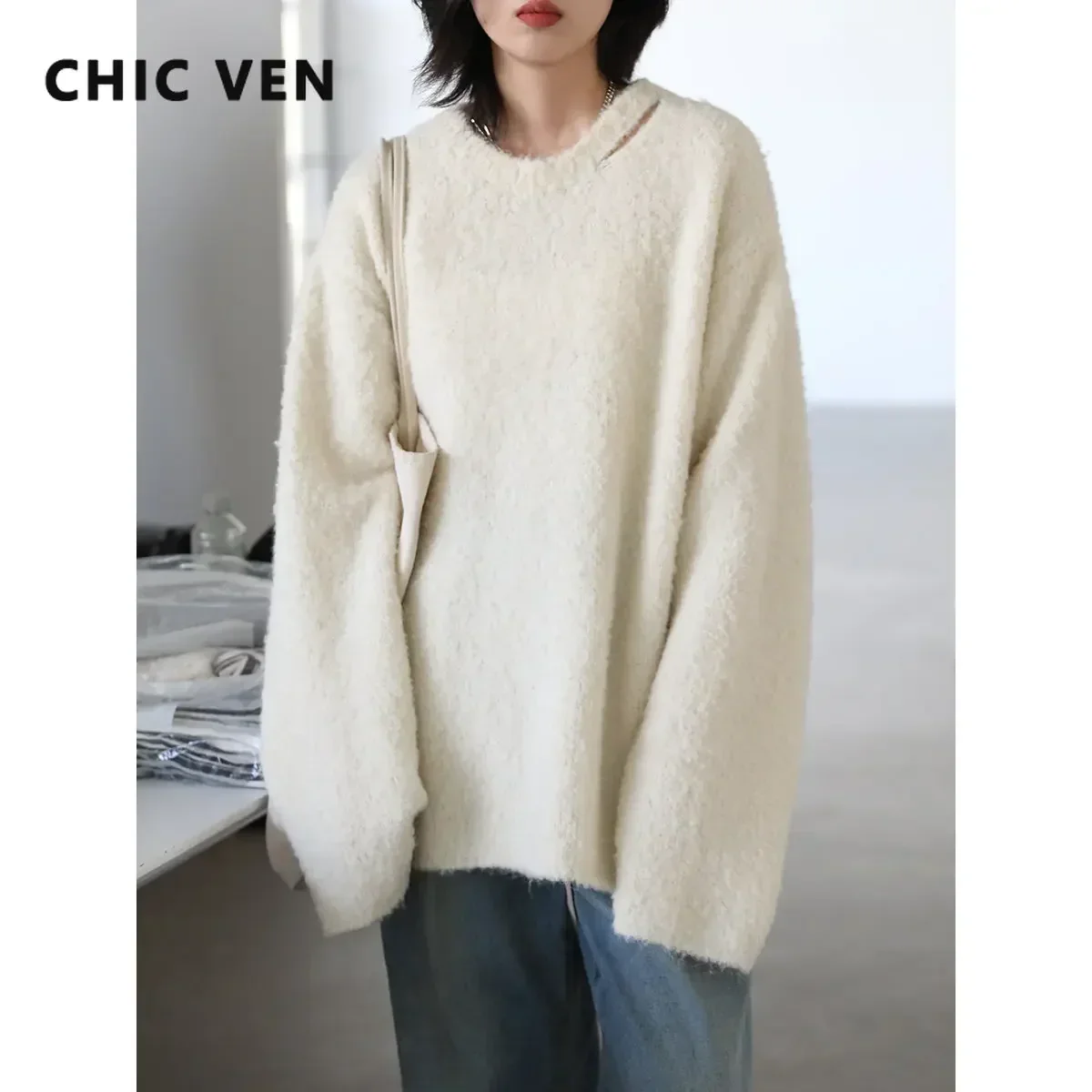 CHIC VEN Women\'s Sweaters Casual Neckline Hollow Loose Jumpers Knitwear Soft Warm Female Pullovers Autumn Winter 2024 Fashion