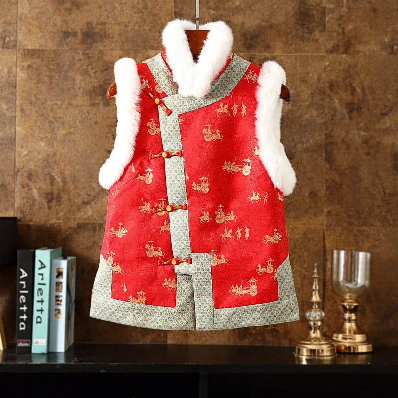 Chinese New Year Clothes Women Fur Collar Slim Winter Vest Traditional Tang Suit Female Top Thicken Warm China Modern Waistcoat