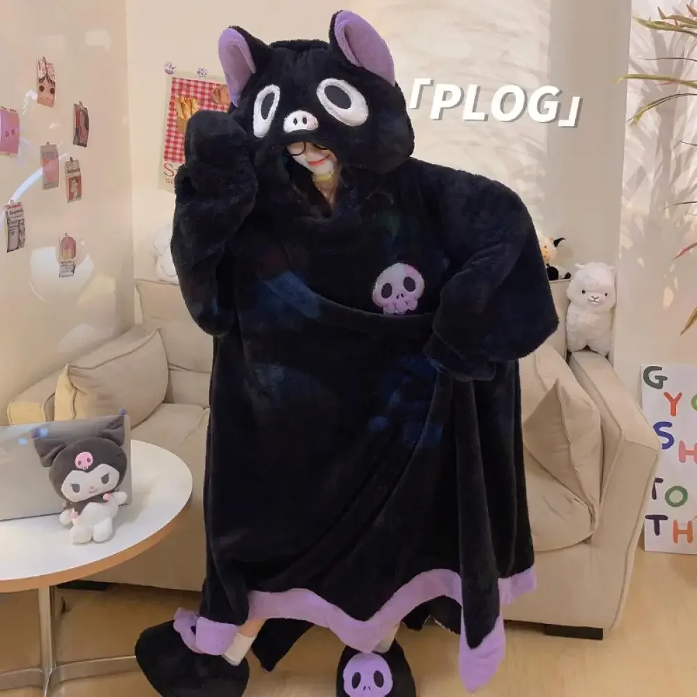 Cartoon Sanrioed Hangyodon Plush Pajamas Night-Robe Anime Kawaii Winter Warm Home Clothes Long Style Hooded Thicken Nightwear