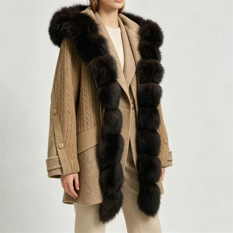 Winter New Arrival Women's Fur Collar Hooded down Jacket Mid-Length Knitted Splicing Loose Thick Warm Outerwear