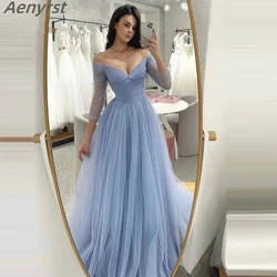 Off The Shoulder Prom Dresses Light Blue V-Neck Evening Gowns Long Sleeves Bridesmaid Dress Tulle A-Line Wedding Party Gown 2024