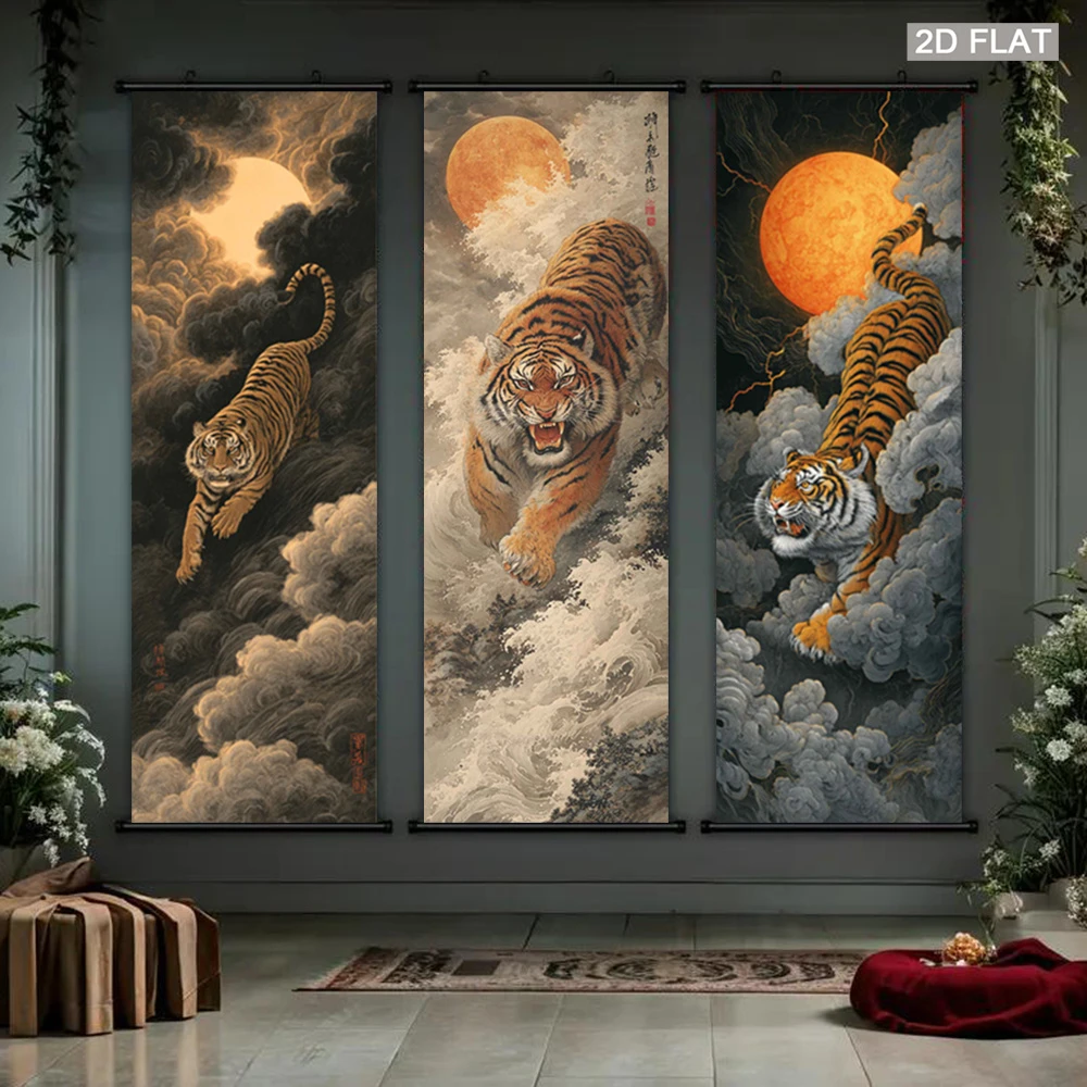 VIKAMA Tiger Scroll Tapestry, Ink-Washed Clouds Full Moon Wall Hanging, Chinese Style Art Poster for Bedroom Living Room Decor