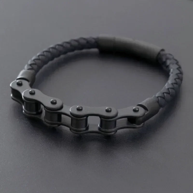 Retro Punk Bike Chain Hand Woven Leather Bracelet with Metal Buckle for Men Motorcyclist Rock Party Jewelry Gift