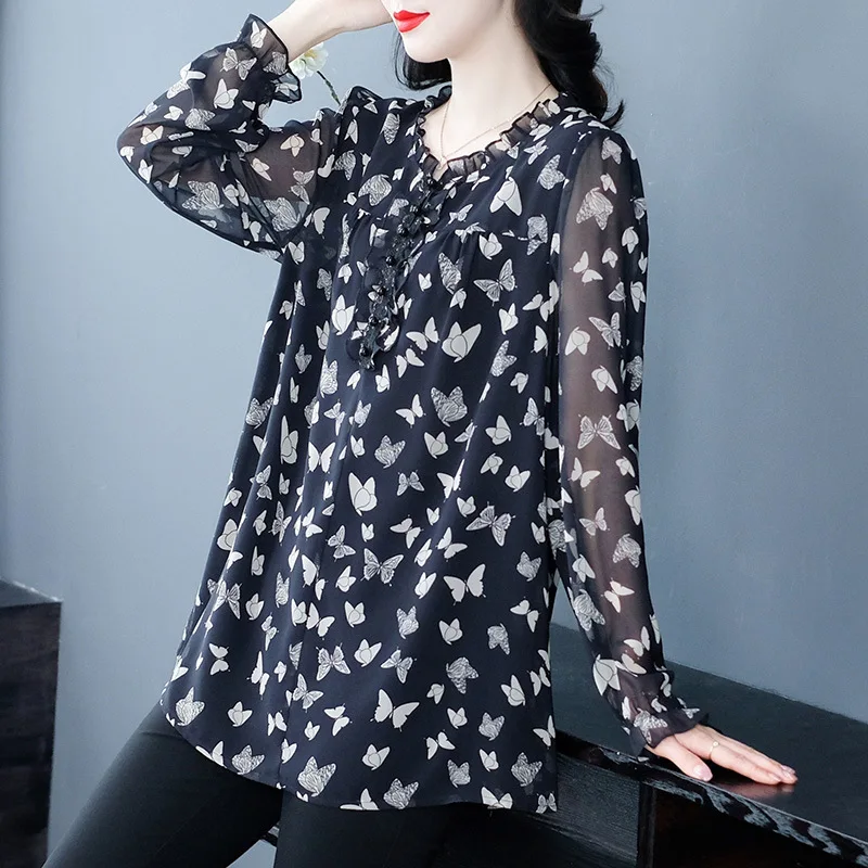 

SuperAen 2024 Autumn New Arrival Loose Butterfly Printing Oversize Long Sleeve Shirt for Women