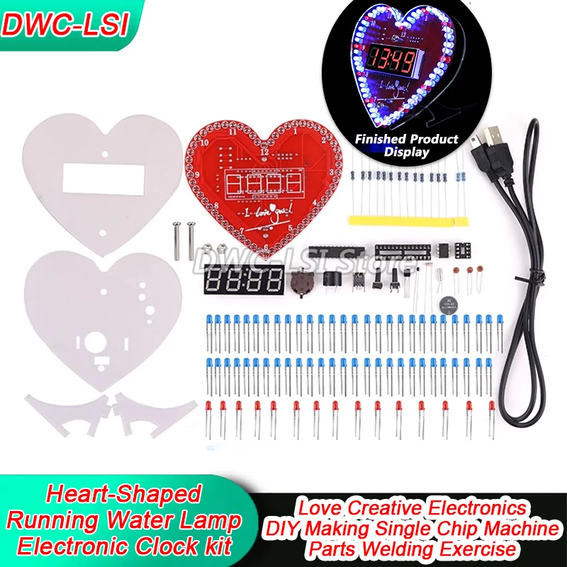 Heart-shaped Running Water Lamp Electronic Clock kit Love Creative Electronic DIY Production Microcontroller Parts