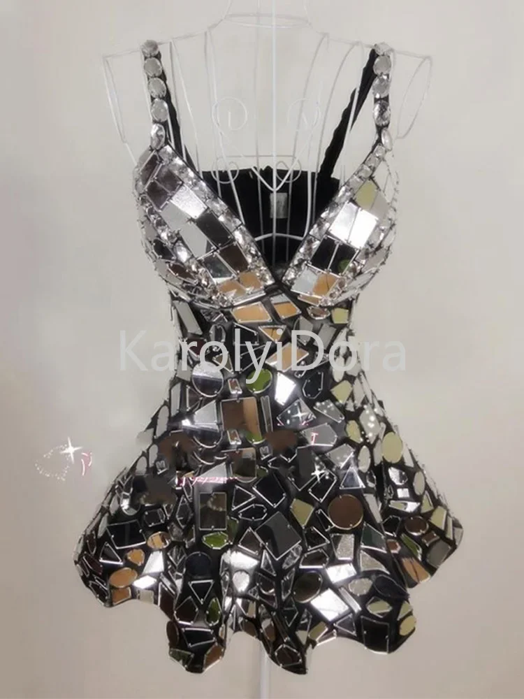 2023 Silver Mirror Dress Sexy Stage Costume Women Festival Outfit Nightclub Bar Singer Dj Ds Performance Clothing Handmade