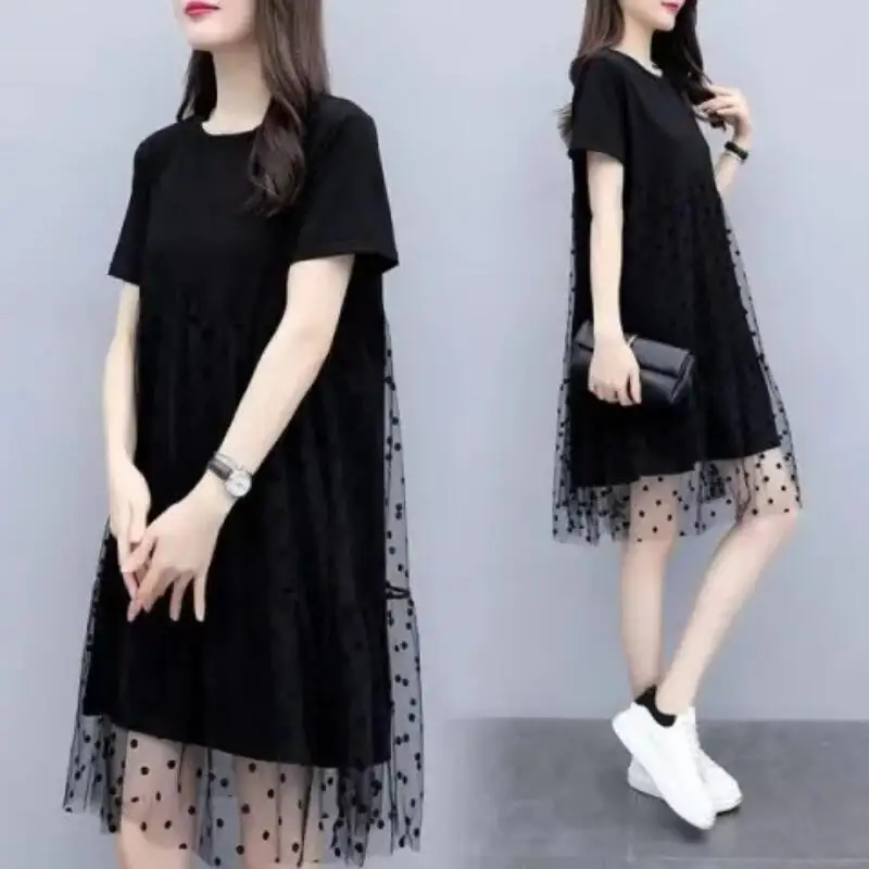 Summer New Plus Size Western-Style Women Clothing Fat Mm Mesh Splicing Long Tshirt Trendy Versatile Fairy Style Beautiful Dress