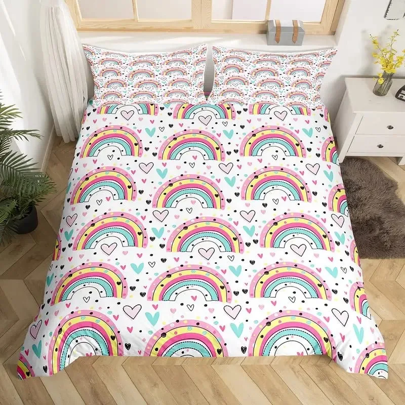 Red Valentine's Day Rainbow Duvet Cover Twin Size,Cartoon Love Heart Bedding Set for Girls Women Moon Leaves Comforter Cover