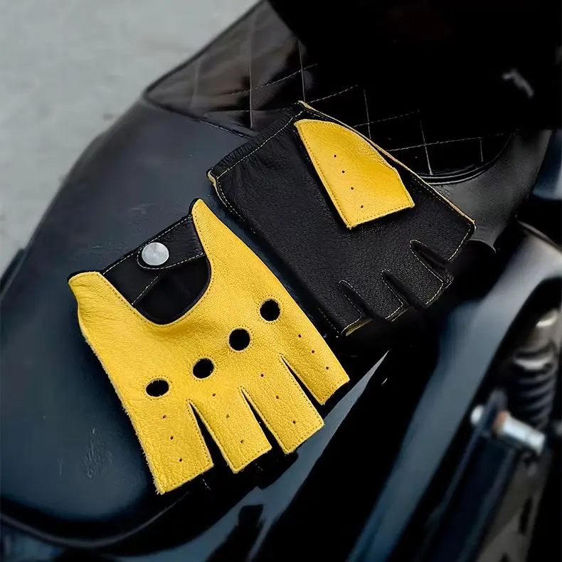 Men's Half-Finger Top-Layer Goatskin Gloves Outdoor Cycling Motorcycle Camping Genuine Leather Half-Finger Lightweight Breathable Gloves