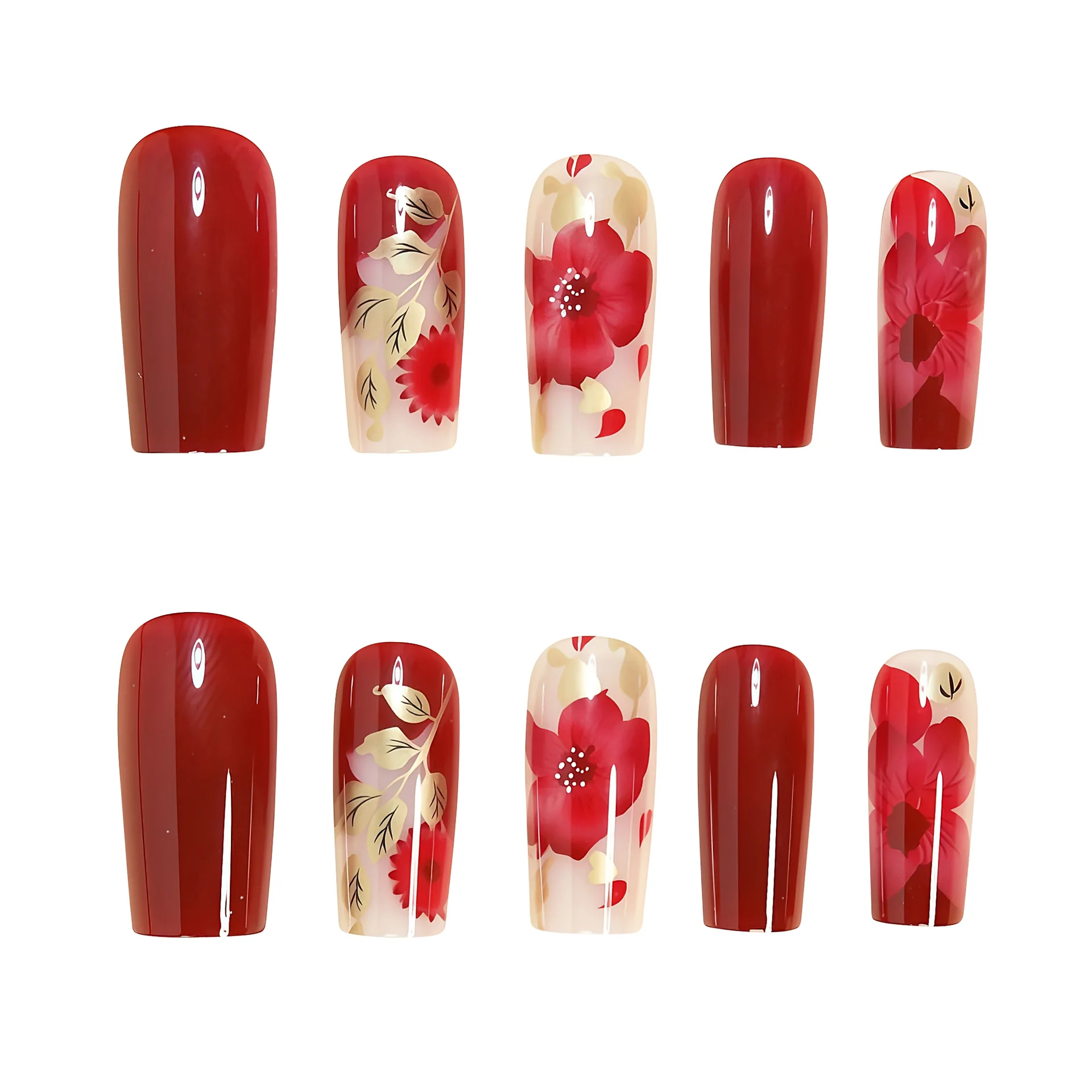 

24PCS Luxury Vintage Fake Nails Almond Shape with Red Gilt Rose False Nails for Valentines Day Romantic Elegant Press on Nails