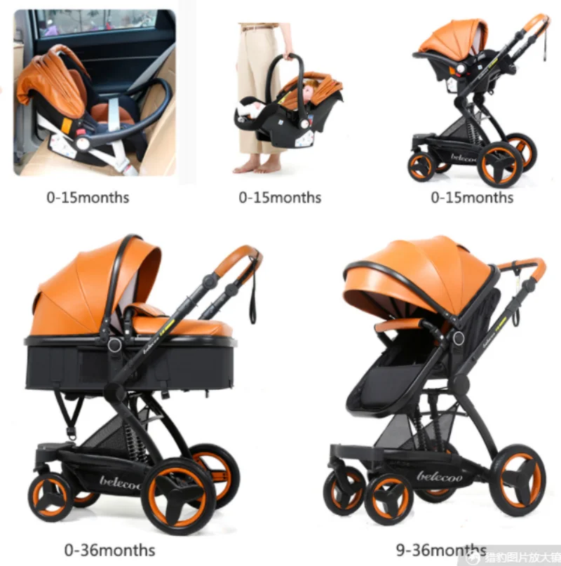 Baby Stroller 3 in 1, Luxury Leather High Quality Baby Stroller,Four Wheel High View Stroller With Adjustable Push Handle