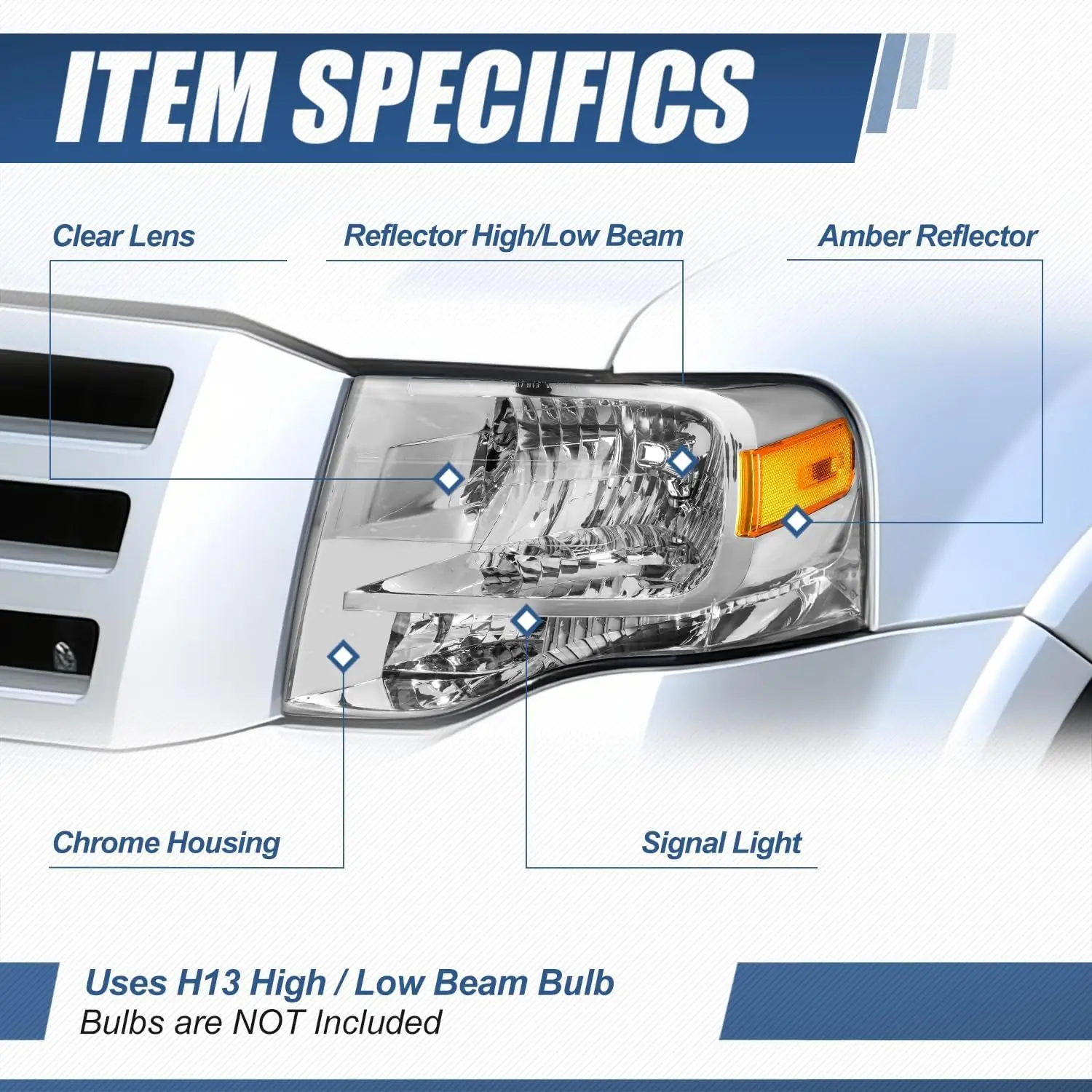 Chrome Housing Clear Corner Headlights Assembly Compatible with 2007 2008 2009 2010 2011 2012 2013 2014 Expedition, Driver and P