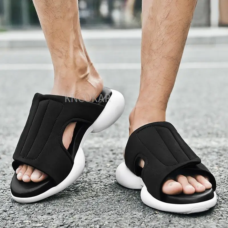 Sandals For Men Stylish Buckle Casual Shoes Nylon Cloth Black Sandals Height Increasing Slippers Trendy Men\'s Sandals