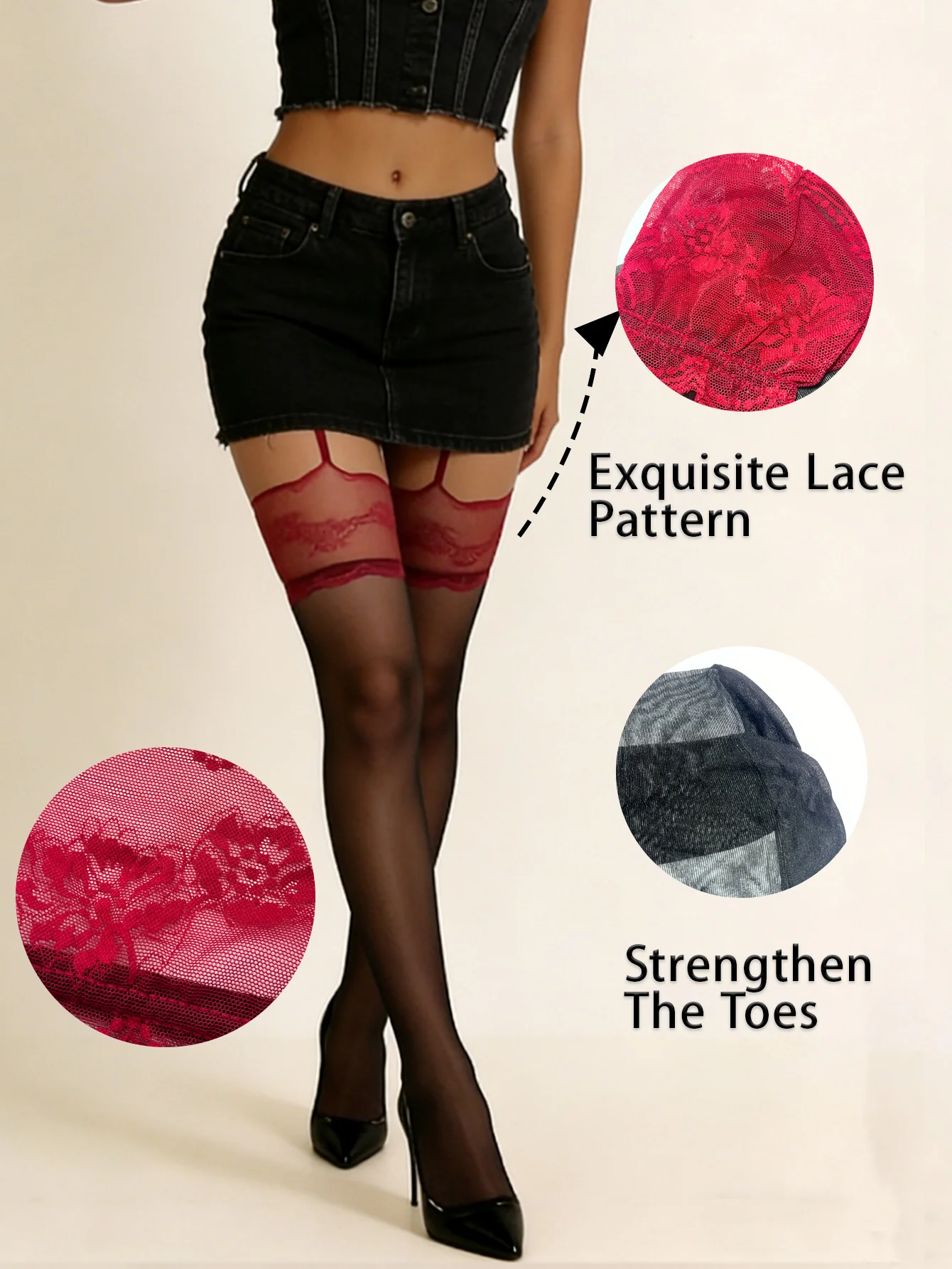 Women's Black Sheer Thigh High Stockings with Red Floral Lace Top, Sexy Garter Belt Hosiery for Nightclub & Party Outfits