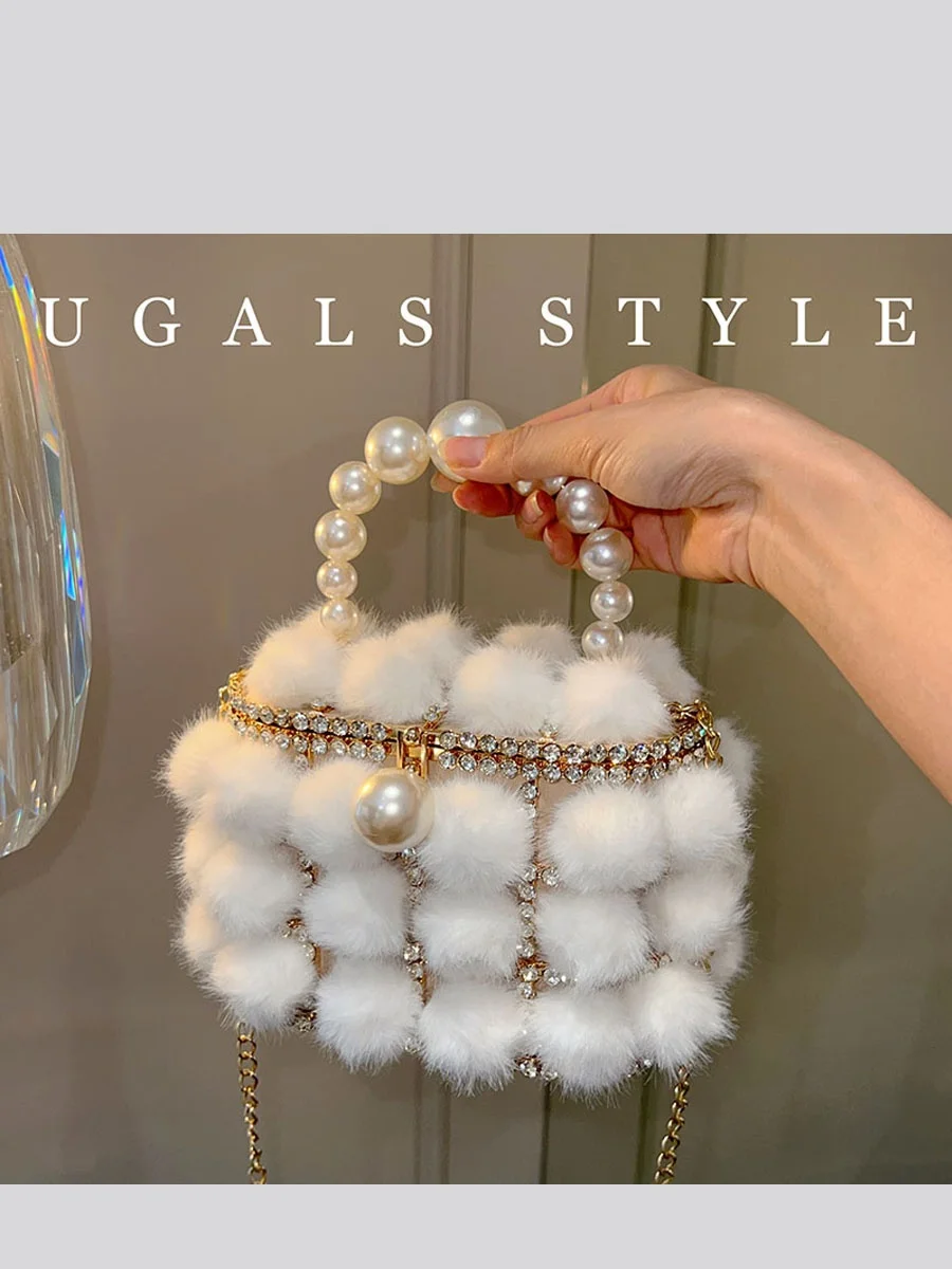 UGALS Autumn Winter Furry Mink Metal Bucket Handbag Diamond Clutch Crossbody Bag for Evening Party Sweet Lady Style Pure Color