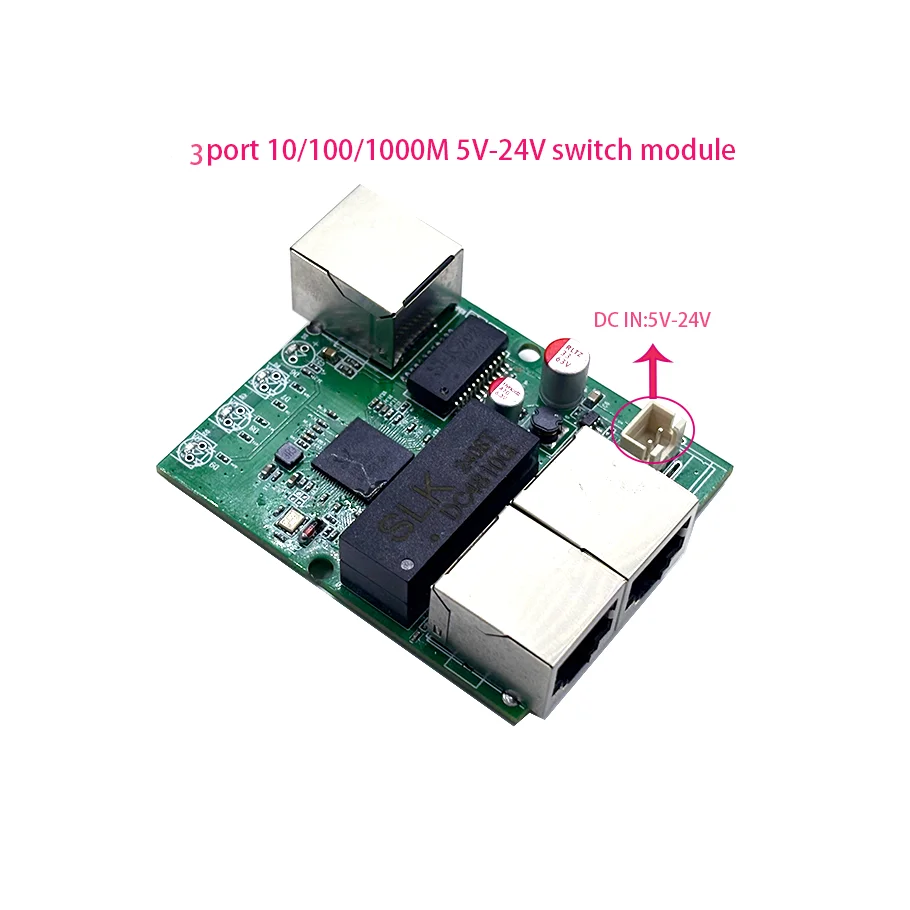 3port Gigabit switch module 5V-24V is  PCBA board 3port 10/100/1000m contact port mini switch module din 4pin cable