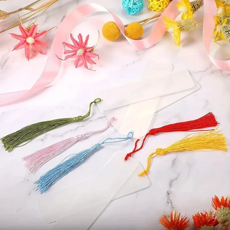 60 pcs/set (30 bookmarks and 30 tassels) blank acrylic bookmarks, random colored tassels, DIY handmade, transparent bookmarks,