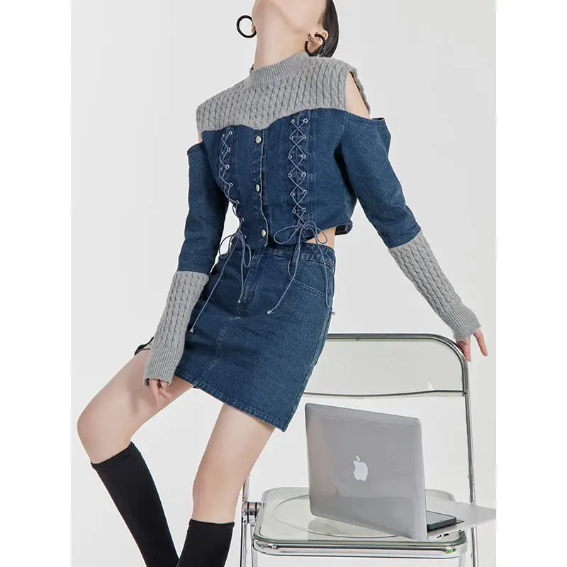 

Women's Denim Suit Retro High Neck Knitted Patchwork Off-shoulder Coats Top Pure Desire A-line Short Skirt Korean Two-piece Set