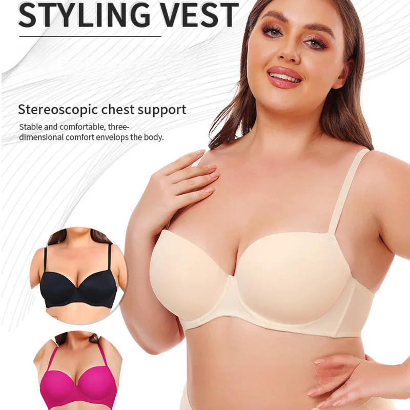 

Women's Strapless Bra Plus Size Underwear Balconette Gathering Steel Ring BCDE Cup Full Coverage Adjustable Convertible Straps