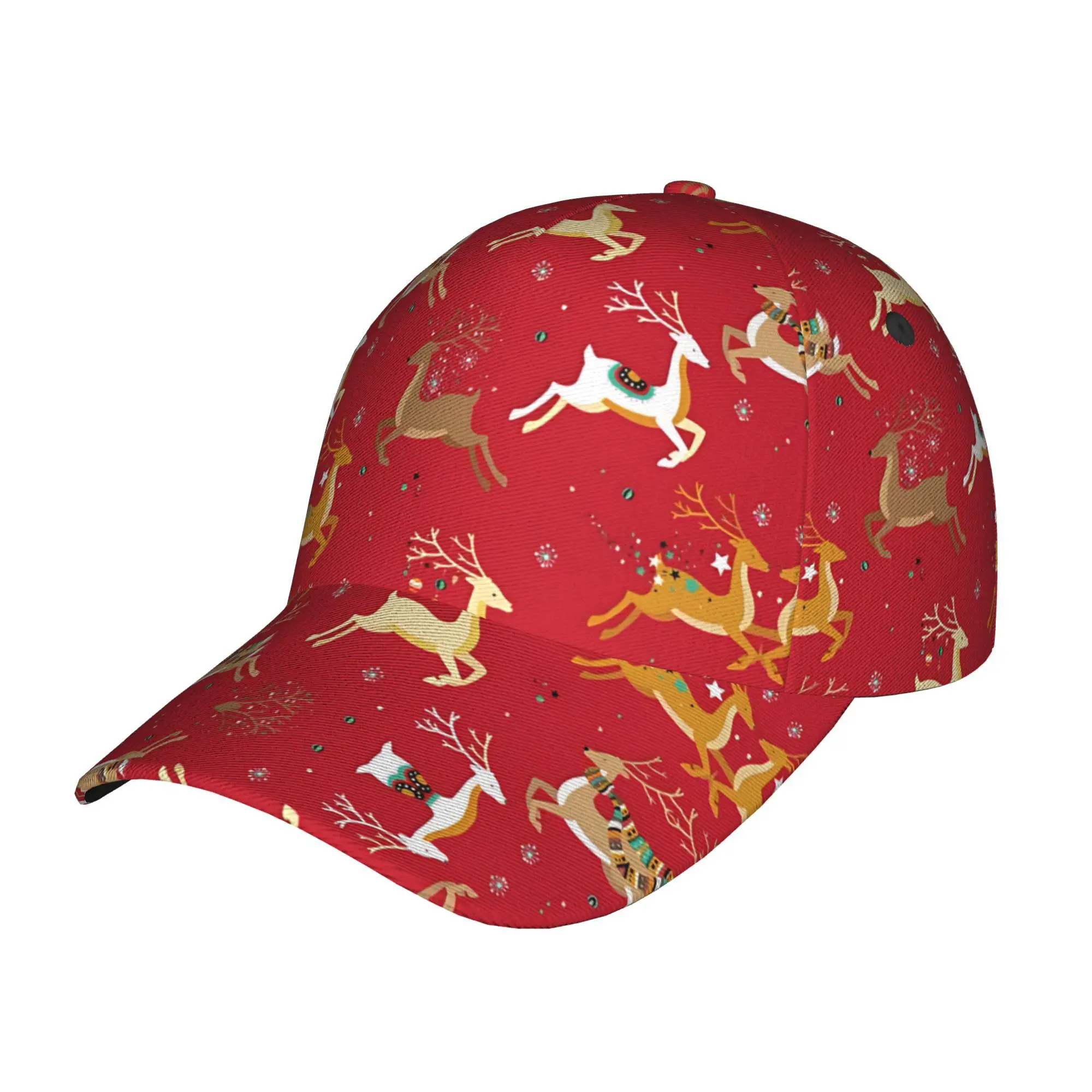 1pc Men's Unisex Retro Christmas Reindeer Print Trucker Hat Full Body Red Green Yellow Golden Deer Snowflake Design