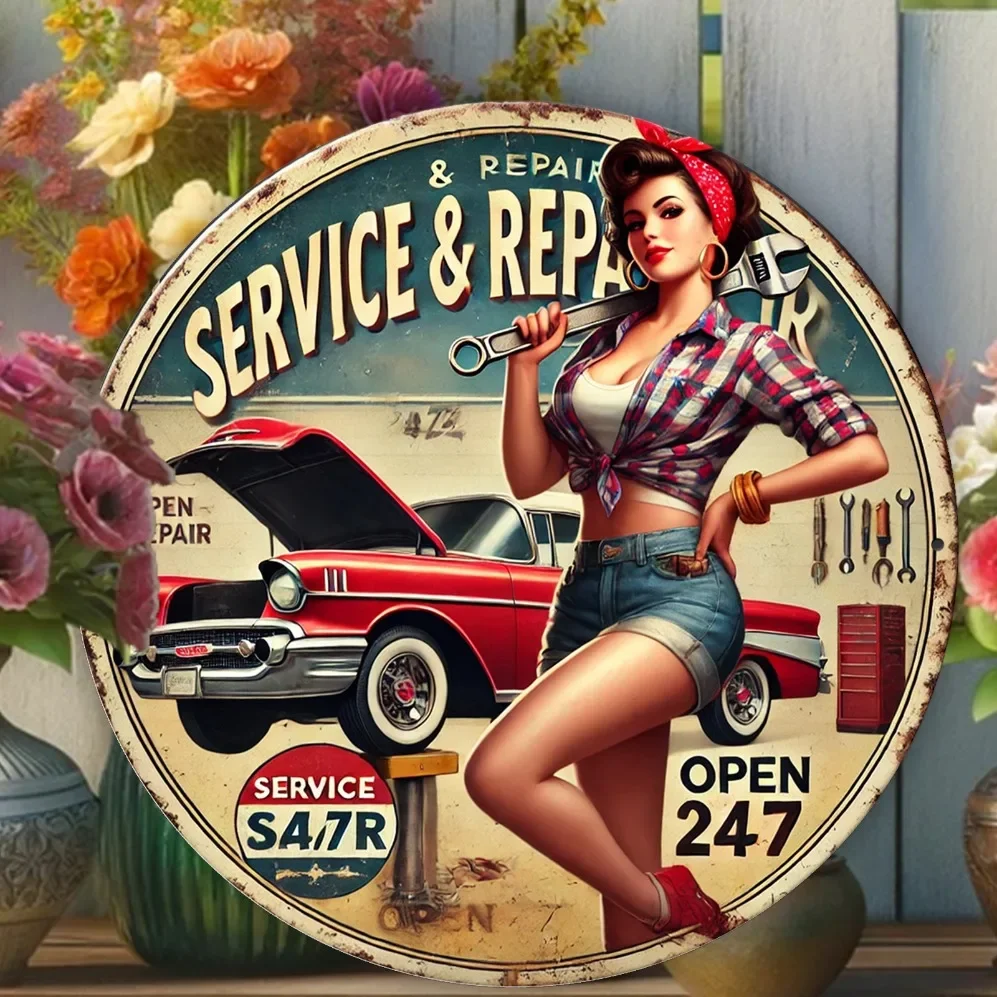 Panneau métallique 2D : Affiche artistique rétro de voiture et de fille - Imperméable, anti-poussière - Pour restaurants, bars, cafés, décoration murale