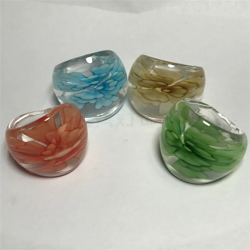 New Handmade For Women Retro Style Murano Glass Transparent Liuli Embedded Green  Flowers Finger Rings Fashion Jewelry