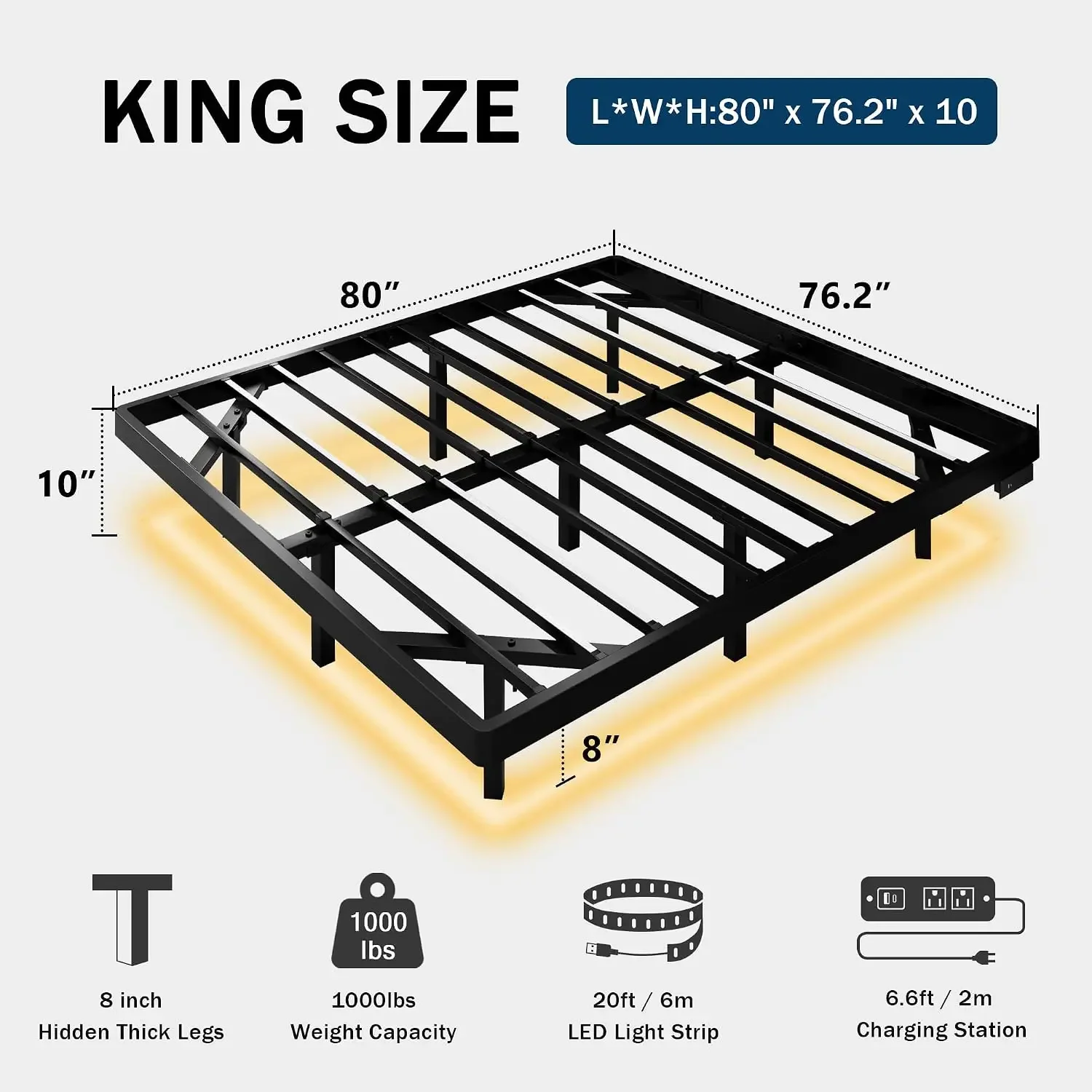 King Size Floating Bed Frame with LED Lights and Charging Station, Metal Platform Bed Frame with Heavy Duty Steel Slats Support,