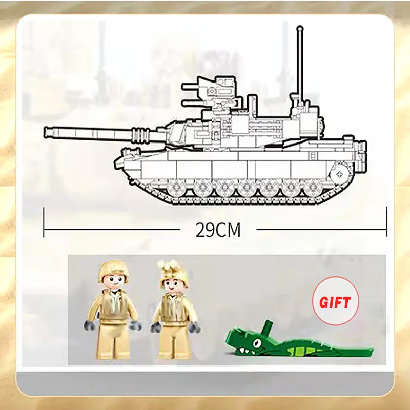 SLUBAN World War II 2 Military USA Abrams M1A2 Battle Tank Chariot Building Blocks Army Classic Accessories Model Kids Gift Toys