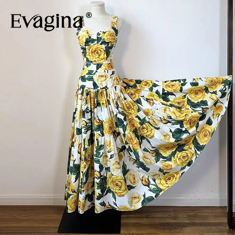 

Evagina Fashion Design New Women's Cotton Yellow Rose Printed Short Strap Top Versatile Long High Waist Half Skirt Set