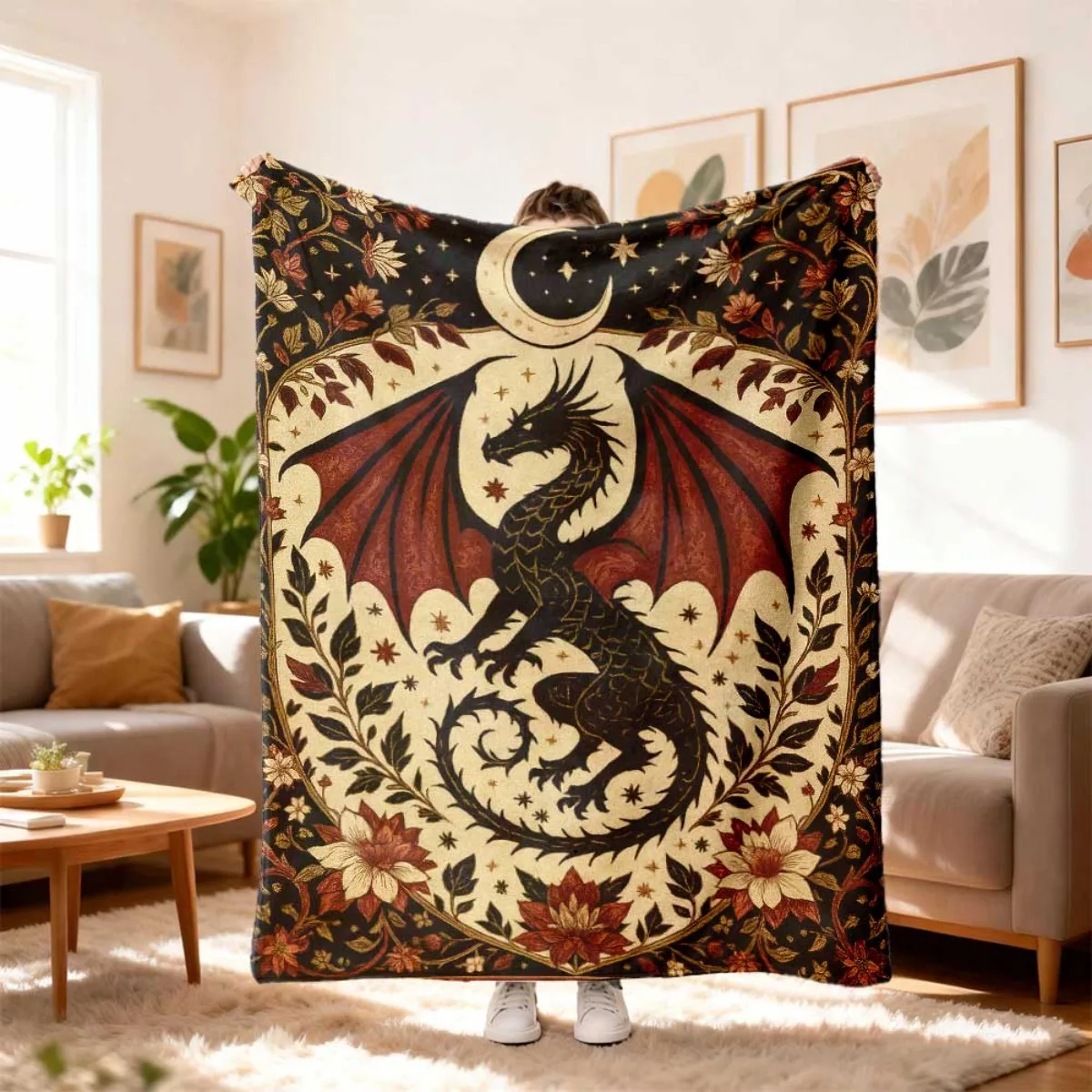 Black Background Vintage Black Red Dragon Moon Floral Flannel Throw Blanket, Soft Blanket  Sofa,Medieval Fantasy Home Decor Gift