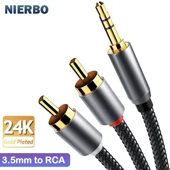 NIERBO-Cable RCA de 3,5mm a 2m, Cable de Audio RCA de 6,6 pies, chapado en oro de 24K, macho a macho, Cable auxiliar estéreo Y adaptador divisor para Audio