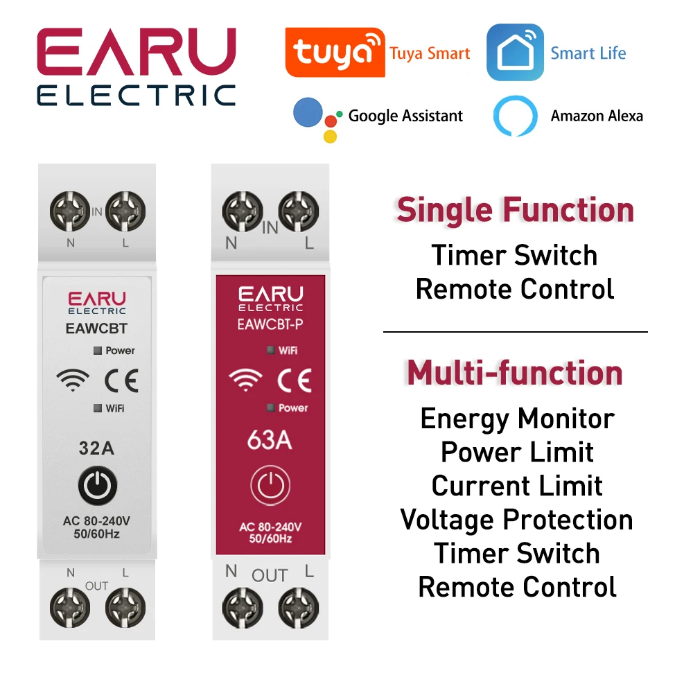 1P+N 63A Tuya WiFi Smart Circuit Breaker with Timer kWh Meter Voice Remote Control MCB Protector for Comprehensive Power Mgmt